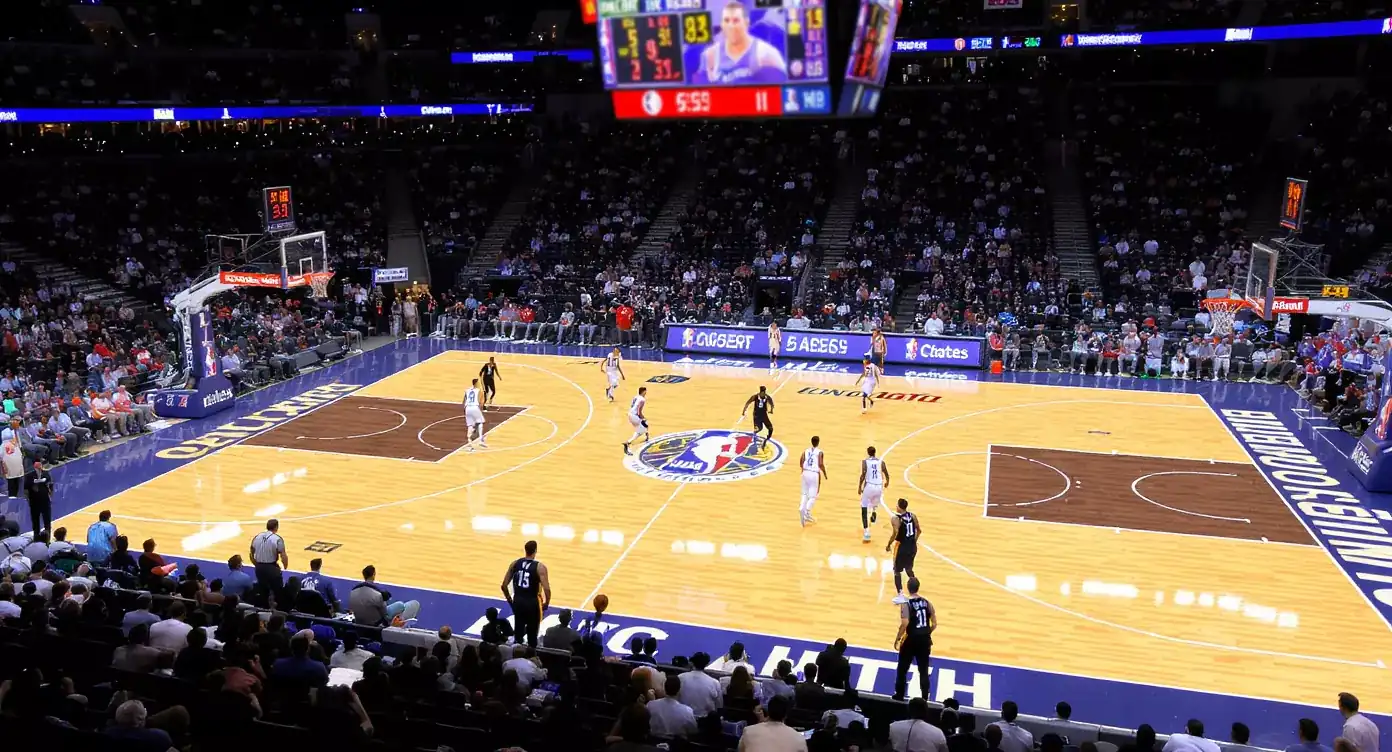 NBA basketball game in progress with players on a hardwood court and a visible scoreboard overhead