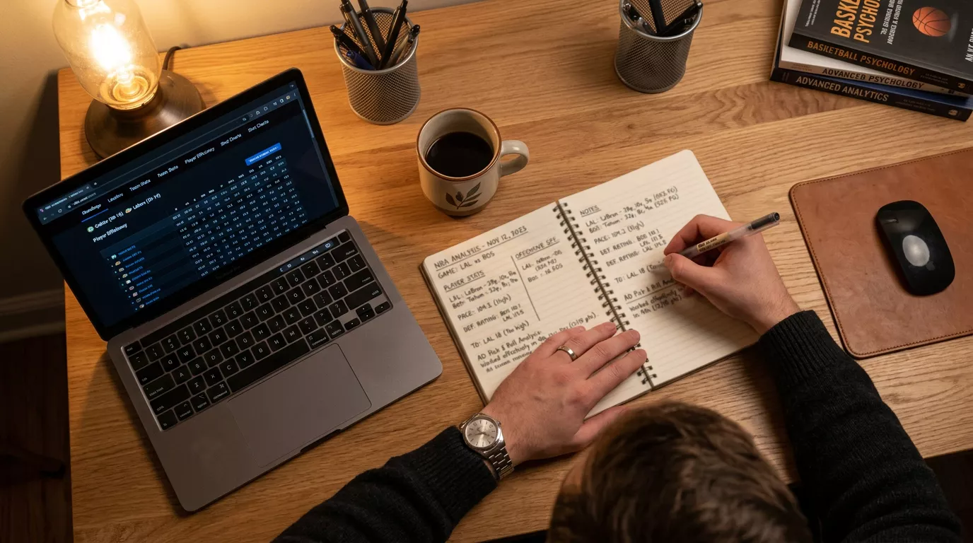 Person reviewing basketball betting notes in a notebook next to a laptop showing NBA statistics at a tidy desk