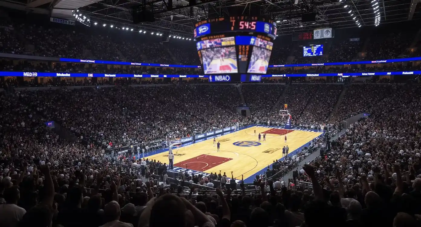NBA fans inside a packed London arena watching a live basketball game with bright court lighting