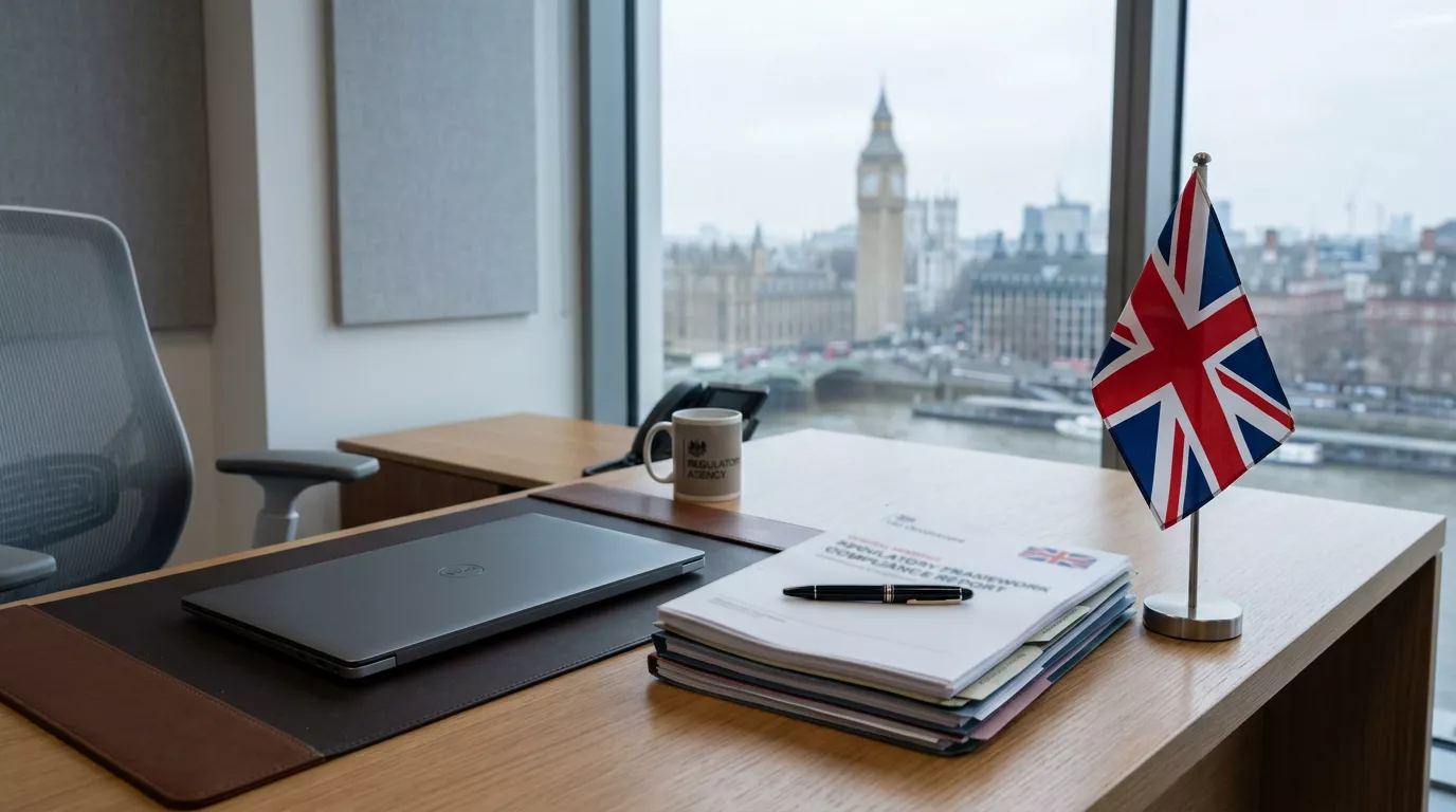Professional office setting with regulatory documents and a laptop showing UK gambling compliance data